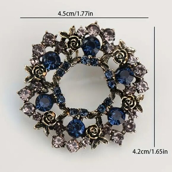 🌺 🌺 🌺 Gorgeous Garland Wreath Brooch in Gold and Blue with Roses - Picture 1 of 3